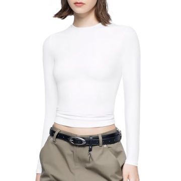 PUMIEY Long Sleeve Shirts for Women Crew Neck Slim Fit Fall Tops Sexy Basic Tee, Splashed White X-Sm...