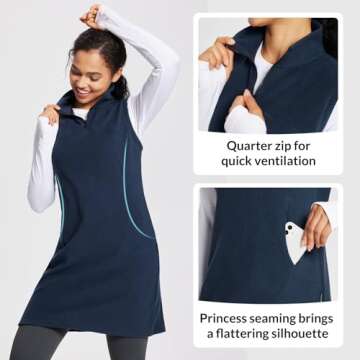 BALEAF Women's Polar Fleece Dress Long Vest Sweatshirt Tunic Dress Quarter Zip Pullover Winter Outfits Pocket Navy Blue XL