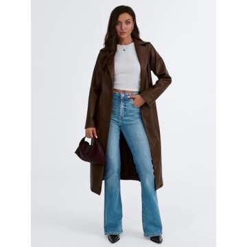 Trendy Queen Womens Brown Long Faux Leather Jackets Trench Coat Fall Blazer 2025