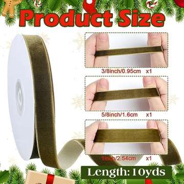 Jutom 3 Rolls Christmas Vintage Velvet Ribbon Vintage Khaki Velvet Ribbon Solid Color Satin Velvet R...