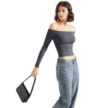 SUUKSESS Women Off Shoulder Long Sleeve Shirt Soft Stretchy