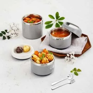 Lille Home Stackable Stainless Steel Thermal Compartment Lunch/Snack Box, 3-Tier Insulated Bento/Food Container with Lunch Bag, Cutlery Set and Three Extra Seals, 43OZ (Blue)