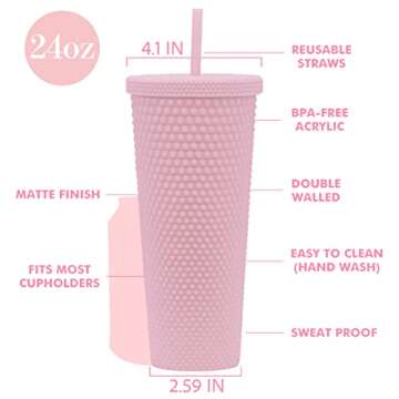 24oz Fully Studded Tumbler.Matte Light Pink Studded Tumbler with Lid and Straw.Reusable Double Walled Insulated Travel Tumbler.Plastic Acrylic Pastel Colored Tumbler Cup for Iced Coffee Smoothie.