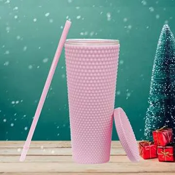 24oz Fully Studded Tumbler.Matte Light Pink Studded Tumbler with Lid and Straw.Reusable Double Walled Insulated Travel Tumbler.Plastic Acrylic Pastel Colored Tumbler Cup for Iced Coffee Smoothie.