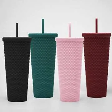 24oz Fully Studded Tumbler.Matte Light Pink Studded Tumbler with Lid and Straw.Reusable Double Walled Insulated Travel Tumbler.Plastic Acrylic Pastel Colored Tumbler Cup for Iced Coffee Smoothie.