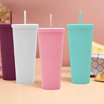 24oz Fully Studded Tumbler.Matte Light Pink Studded Tumbler with Lid and Straw.Reusable Double Walled Insulated Travel Tumbler.Plastic Acrylic Pastel Colored Tumbler Cup for Iced Coffee Smoothie.