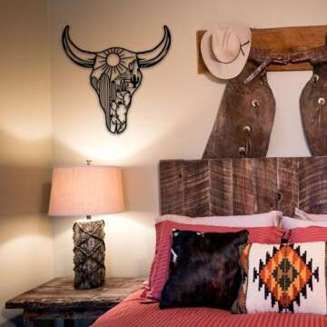Cow Skull Desert Metal Wall Art Decor, Rustic Metal Western Longhorn Wall Decor, Southwestern Native American Decor for Bedroom, Bathroom, Living Room, 12 * 12 inch, Black