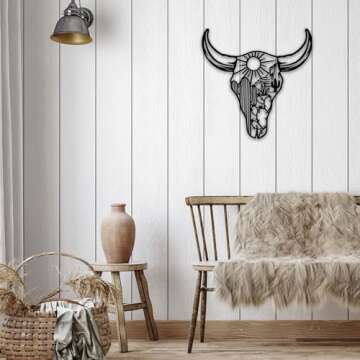 Cow Skull Desert Metal Wall Art Decor, Rustic Metal Western Longhorn Wall Decor, Southwestern Native American Decor for Bedroom, Bathroom, Living Room, 12 * 12 inch, Black