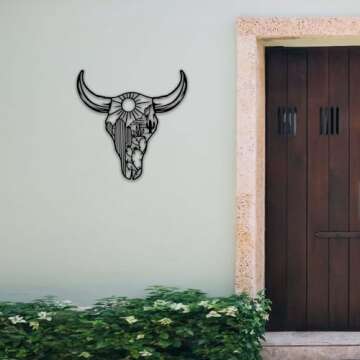 Cow Skull Desert Metal Wall Art Decor, Rustic Metal Western Longhorn Wall Decor, Southwestern Native American Decor for Bedroom, Bathroom, Living Room, 12 * 12 inch, Black