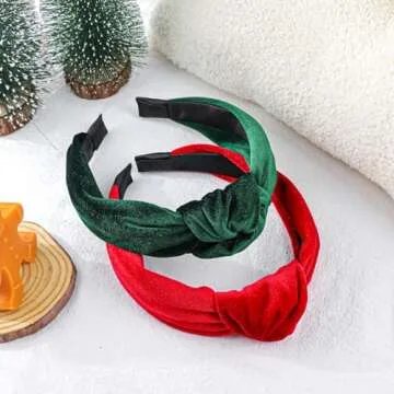 YanJie Christmas Headbands for Women Velvet Red Knotted Headband Green Christmas Velvet Wide Hair Band for Women Girls Fashion Headbands Holiday Gift
