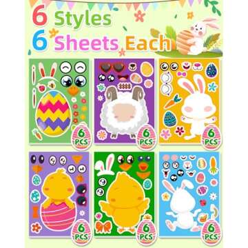 36 Sheets Easter Stickers Crafts for Kids, Easter Basket Stuffers Make Your Own Easter Egg Bunny Stickers for Toddlers, Easter Activities Games Party Favors Decorating Gifts for Kids Boys Girls