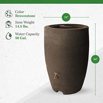 Algreen Athena 50 Gallon Plastic Outdoor Rain Barrel with Brass Spigot and Screen Guard for Rain Water Collection and Storage, Brownstone