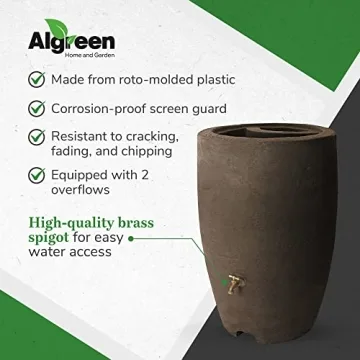 Algreen Athena 50 Gallon Plastic Outdoor Rain Barrel with Brass Spigot and Screen Guard for Rain Water Collection and Storage, Brownstone
