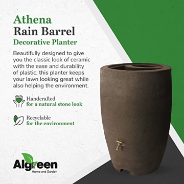 Algreen Athena 50 Gallon Plastic Outdoor Rain Barrel with Brass Spigot and Screen Guard for Rain Water Collection and Storage, Brownstone