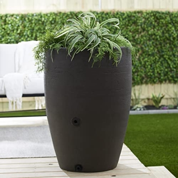 Algreen Athena 50 Gallon Plastic Outdoor Rain Barrel with Brass Spigot and Screen Guard for Rain Water Collection and Storage, Brownstone