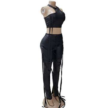 MESLIMA Sexy 2 Piece Outfits for Women - PU Leather Sleeveless Irregular Tank Top Bandage Leggings Set Tracksuits Black 2XL