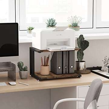 Giikin Adjustable Anti-Skid Printer Stand with 2 Tier Storage Shelves, Rustic Brown, 17.3 x 11 x 11 in