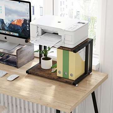 Giikin Adjustable Anti-Skid Printer Stand with 2 Tier Storage Shelves, Rustic Brown, 17.3 x 11 x 11 in