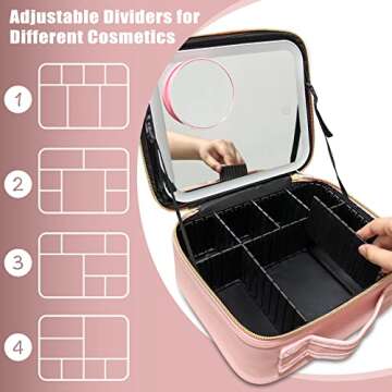 YUSONG Travel Makeup Bag with Mirror of LED Lighted, Makeup Train Case with Adjustable Dividers, Makeup Case with Mirror and Detachable 10x Magnifying Mirror