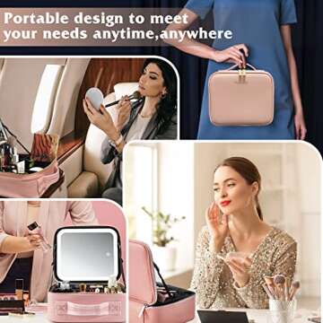 YUSONG Travel Makeup Bag with Mirror of LED Lighted, Makeup Train Case with Adjustable Dividers, Makeup Case with Mirror and Detachable 10x Magnifying Mirror