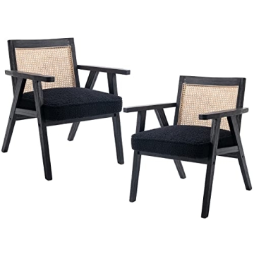 QUINJAY Accent Rattan Chairs Set of 2, Faux Fur Upholstered Living Room Chairs with Cane Back, Retro...