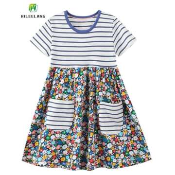 HILEELANG Girls Cotton Casual Easter Dress Short Sleeve Stripe Summer Spring Appliques Pocket Tunic ...