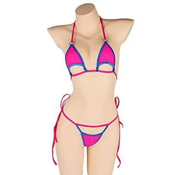 Women's Halter Triangle Bikini Tie Side Bottom Two Piece Hollow Out Swimsuit Micro Mini Swimwear (Rose)