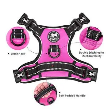 PoyPet 2019 Upgraded No Pull Dog Harness with 4 Snap Buckles, 3M Reflective with Front & Back 2 Leash Hooks and an Easy Control Handle [NO Need Go Over Dog’s Head] (Pink,L)