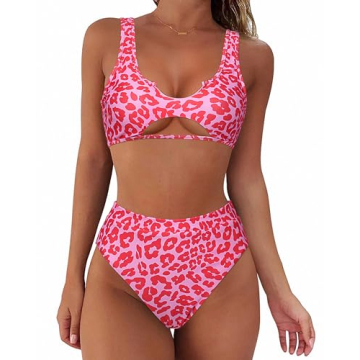 SUUKSESS Women Cutout Bikini Sets Push Up High Waisted Swimsuits 2 Piece (Hot Pink Leopard, L)