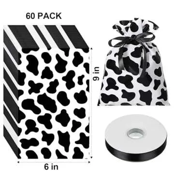 Tinlade 60 Pieces 6 x 9 Inch Cow Cellophane Candy Bags Cow Print Treat Goodie Bags with 25 Yards Rib...