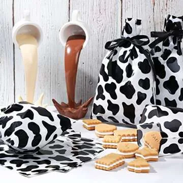 Tinlade 60 Pieces 6 x 9 Inch Cow Cellophane Candy Bags Cow Print Treat Goodie Bags with 25 Yards Ribbon Farm Animal Party Favors for Birthday Animal Theme Party Supplies