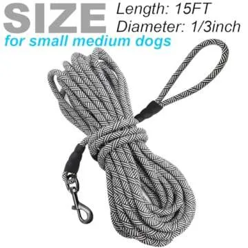 Mycicy Long Rope Dog Leash for Training, Recall & Agility - 12, 15, 22, 30, 50, 75, 100 ft Check Cord for Small & Medium Dogs - Outdoor, Camping, Backyard Use (15 ft, Black)