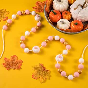 CINPIUK Pumpkin Felt Ball Garland for Fall Thanksgiving Decoration, Pink White Felt Pom Bunting with Gold Wooden Ball Banner for Autumn Baby Shower Wedding Favors Nurser Decor