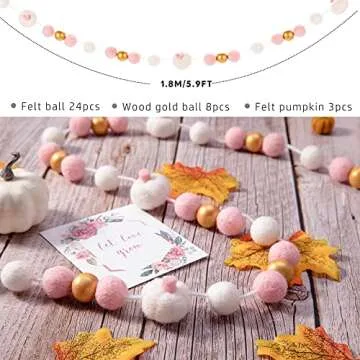 CINPIUK Pumpkin Felt Ball Garland for Fall Thanksgiving Decoration, Pink White Felt Pom Bunting with Gold Wooden Ball Banner for Autumn Baby Shower Wedding Favors Nurser Decor