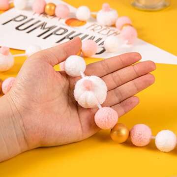 CINPIUK Pumpkin Felt Ball Garland for Fall Thanksgiving Decoration, Pink White Felt Pom Bunting with Gold Wooden Ball Banner for Autumn Baby Shower Wedding Favors Nurser Decor