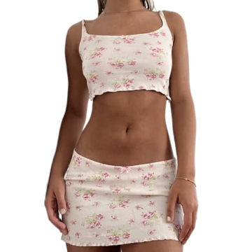 Women Vintage Print Two Piece Skirt Set Y2k Sleeveless Spaghetti Strap Camis Bodycon Mini Skirt Summ...