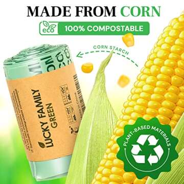 Lucky Family Green Compost Bags for Kitchen Countertop Bin -1.3 gallon trash bags to 1.6 Gallon trash bags - 100% Compostable Trash Bags for Food Waste, Organic Biodegradable Trash Bags - 50 Bags Roll