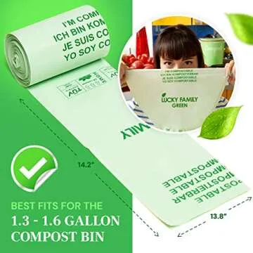 Lucky Family Green Compost Bags for Kitchen Countertop Bin -1.3 gallon trash bags to 1.6 Gallon trash bags - 100% Compostable Trash Bags for Food Waste, Organic Biodegradable Trash Bags - 50 Bags Roll