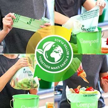 Lucky Family Green Compost Bags for Kitchen Countertop Bin -1.3 gallon trash bags to 1.6 Gallon trash bags - 100% Compostable Trash Bags for Food Waste, Organic Biodegradable Trash Bags - 50 Bags Roll