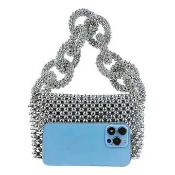 QMLGB Sparkly Women Beaded Evening Clutch Pearl Woven Handbag Trendy Handmade Underarm Purse for Prom Cocktail Party, Silver