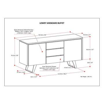 SIMPLIHOME Lowry SOLID ACACIA WOOD and Metal 60 Inch Wide Rectangle Modern Industrial Sideboard Buffet in Distressed Grey, For the Dining Room and Kitchen