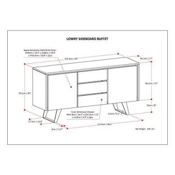 SIMPLIHOME Lowry SOLID ACACIA WOOD and Metal 60 Inch Wide Rectangle Modern Industrial Sideboard Buffet in Distressed Grey, For the Dining Room and Kitchen