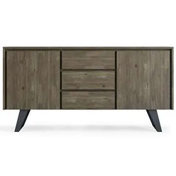 SIMPLIHOME Lowry SOLID ACACIA WOOD and Metal 60 Inch Wide Rectangle Modern Industrial Sideboard Buffet in Distressed Grey, For the Dining Room and Kitchen