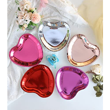 Winoo Design Bulk Valentines Plates - 50 PK - Shiny Heart Plates Paper Heart Shaped Plates for Valentines Day Decor Valentines Decorations Valentine Party Supplies valentines day table decor
