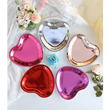 Winoo Design Bulk Valentines Plates - 50 PK - Shiny Heart Plates Paper Heart Shaped Plates for Valentines Day Decor Valentines Decorations Valentine Party Supplies valentines day table decor