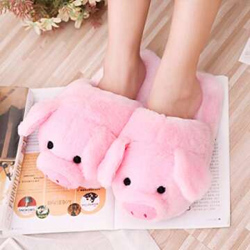 seemehappy Plush Pink Pig Slippers Winter Warm Stuffed Animal Slippers for Women