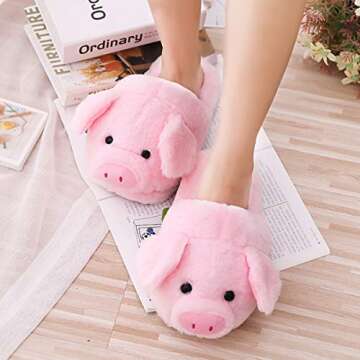 seemehappy Plush Pink Pig Slippers Winter Warm Stuffed Animal Slippers for Women