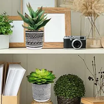 Winlyn Set of 3 Assorted Small Potted Succulents Arrangement Artificial Succulent Plants in Black and White Geometric Pots for Table Centerpiece Windowsill Shelf Indoor Outdoor Garden Greenery Decor