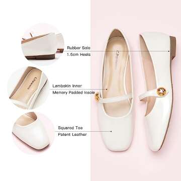 C.Paravano Mary Jane Shoes for Women | Retro Leather Women's Flats | Casual Walking White Shoes | Comfort Square Toe Dressy Flats for Wedding Work Office (Size 9.5,White)