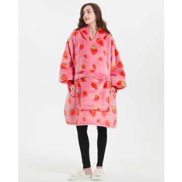 KFUBUO Wearable Blanket Hoodie for Adults Sherpa All Patterns Oversized Sweatshirt Blanket with Pockets Cute Birthday Gifts for Sister Strawberry